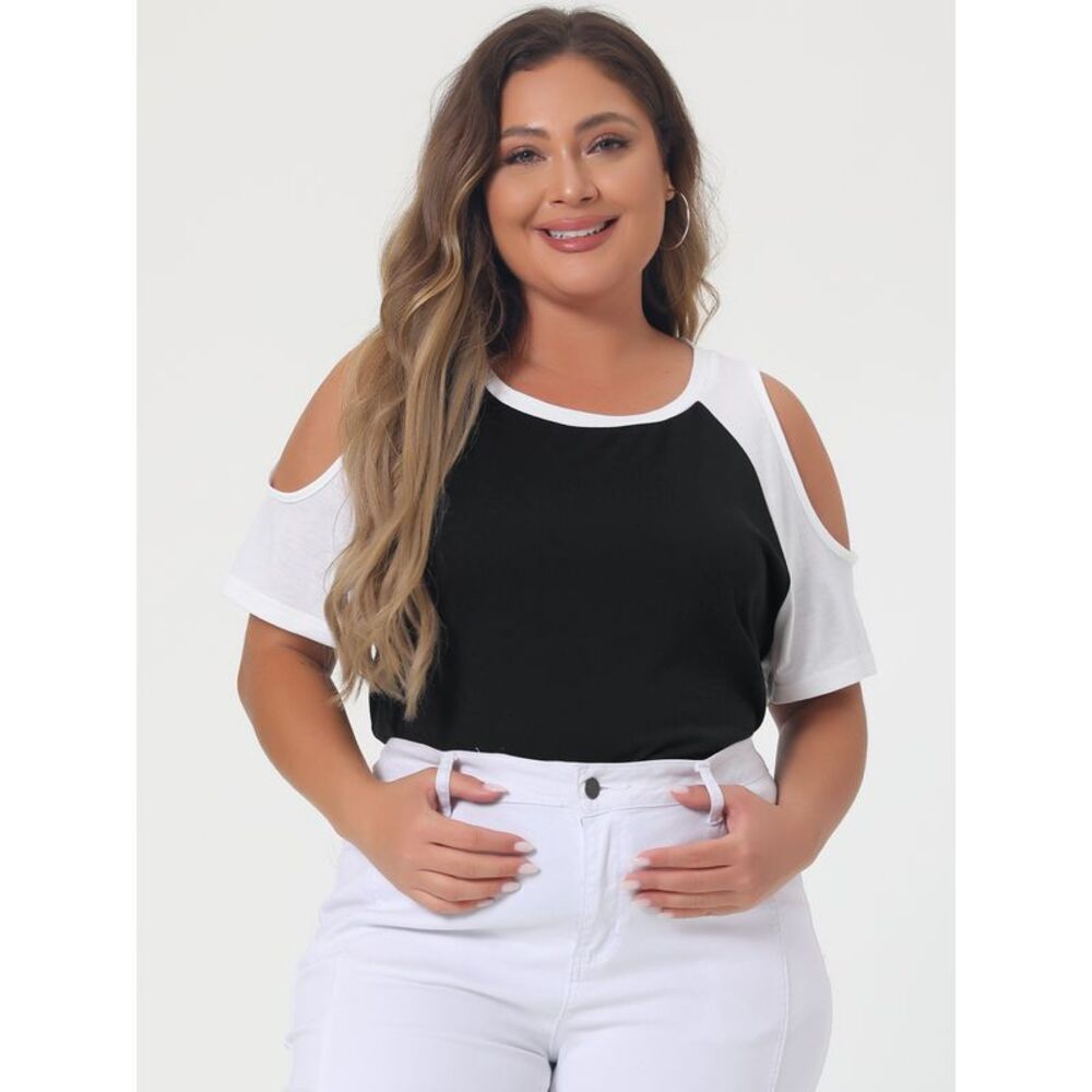 Plus Size Contrast Short Sleeve Cold Shoulder Shirts Tops Summer Blouse Black - Picture 2 of 5